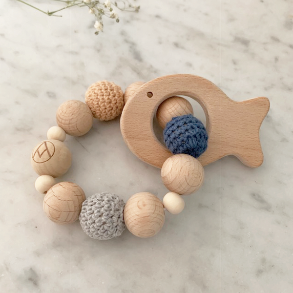 teether rattle wood and cloth