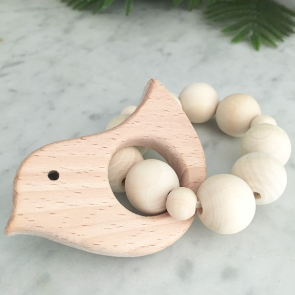 bird natural wood ring teether rattle