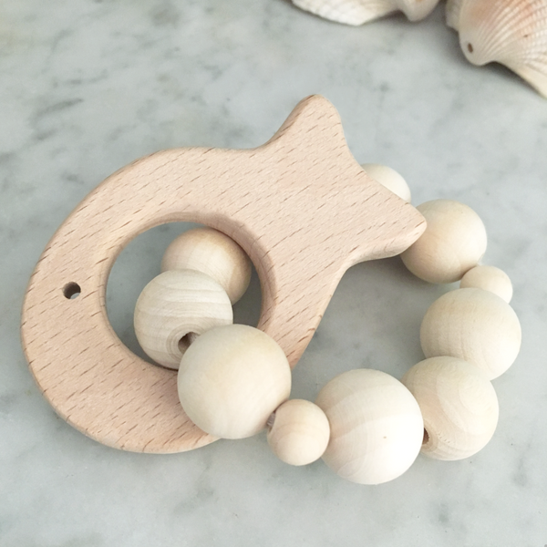 fish natural ring wood teether rattle