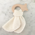 fish shaped wood teether with terrycloth