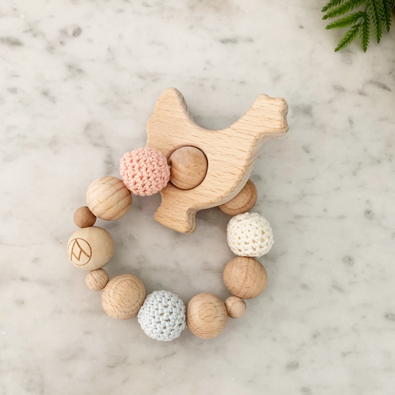 Wood + Crochet Teether Rattle - forget me not