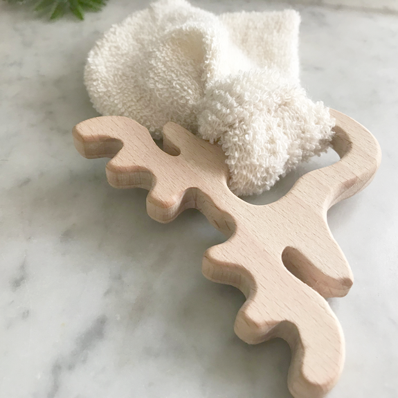 wood moose shaped teether with organic fabric